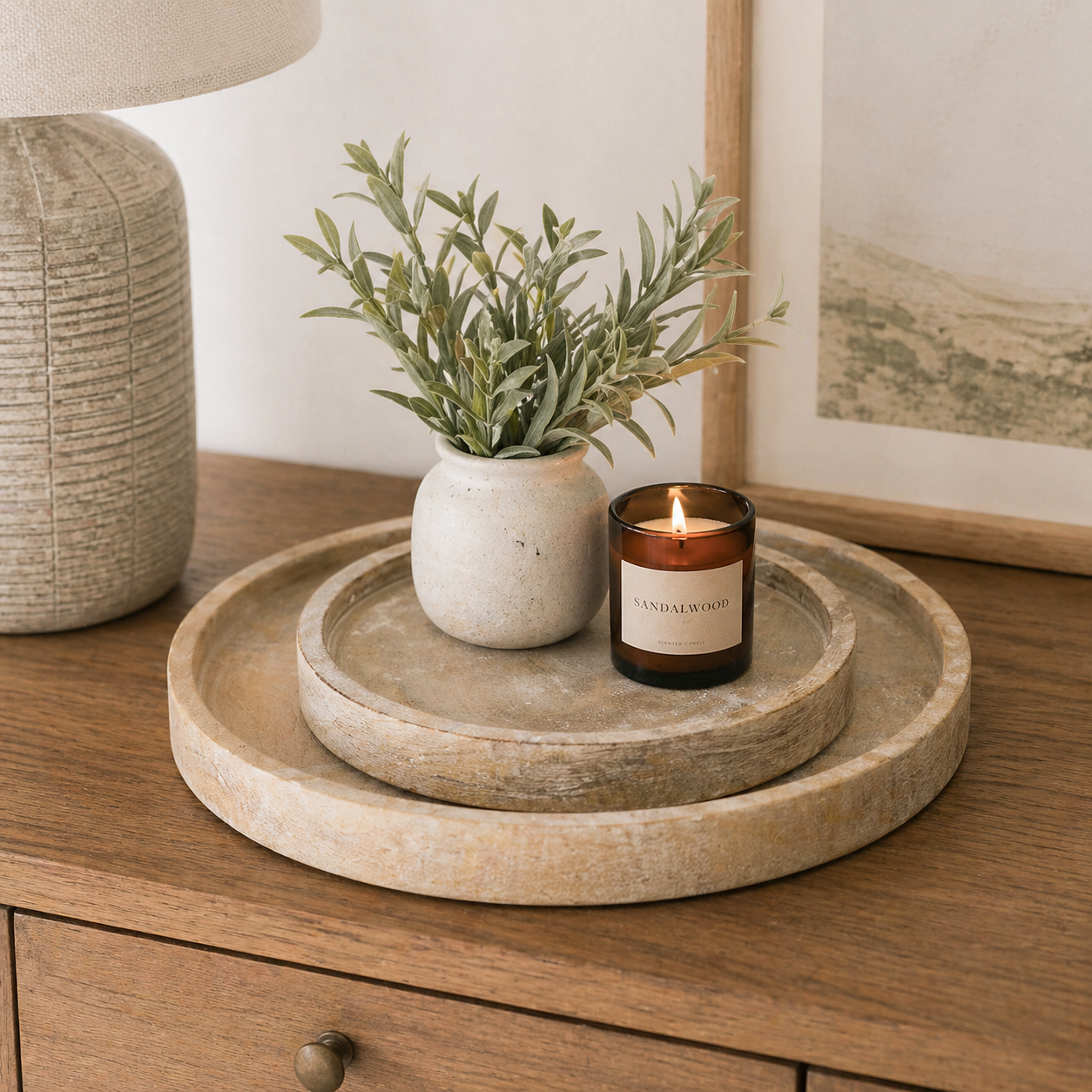 Mango Wood Round Nested Trays - Natural White (Set of 2)