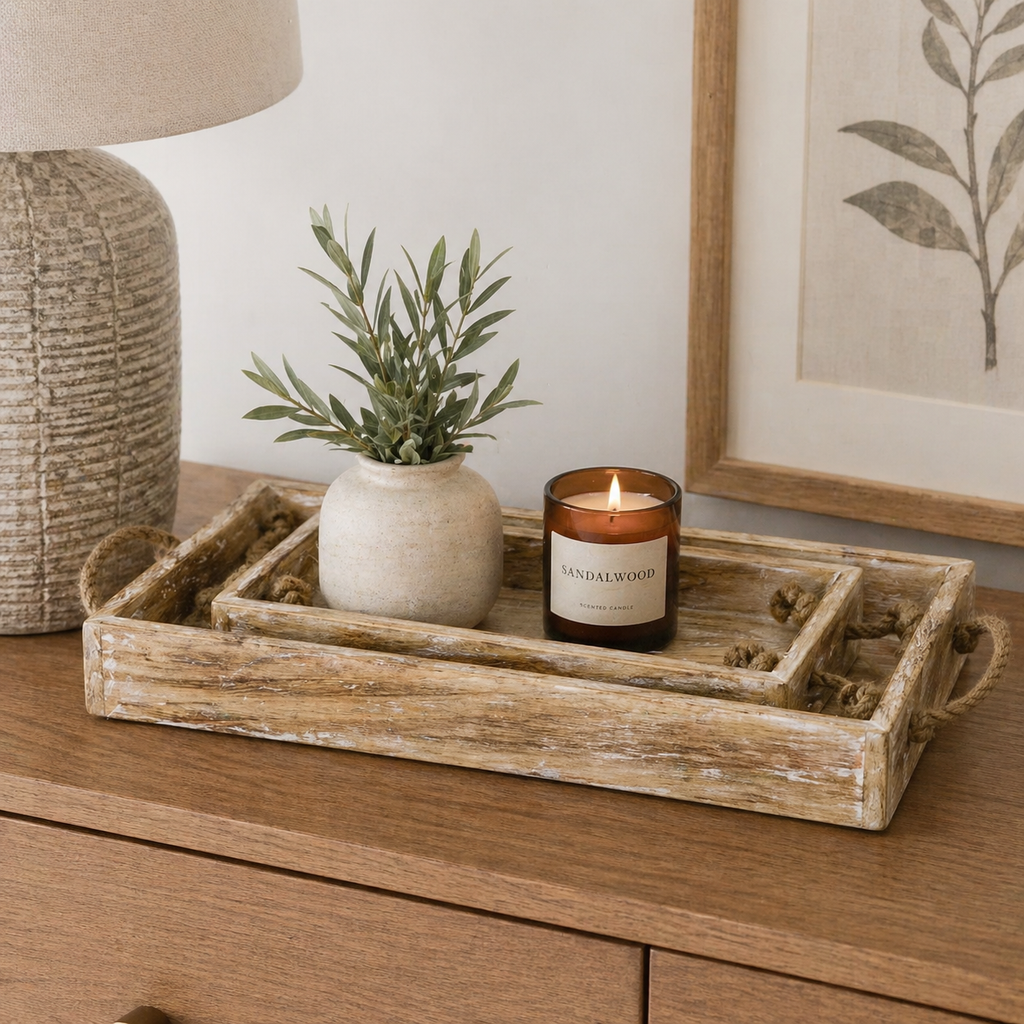 Mango Wood Nested Trays - Natural White (Set of 2)
