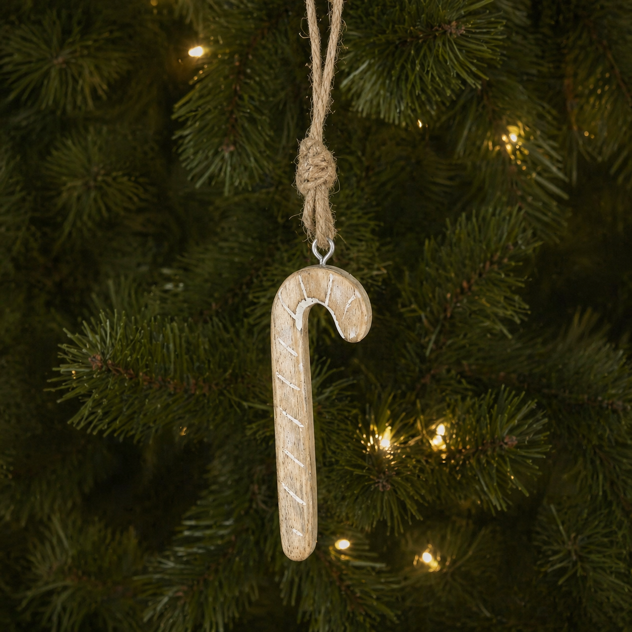 5" Mango Wood Candy Cane Ornament - Whitewash