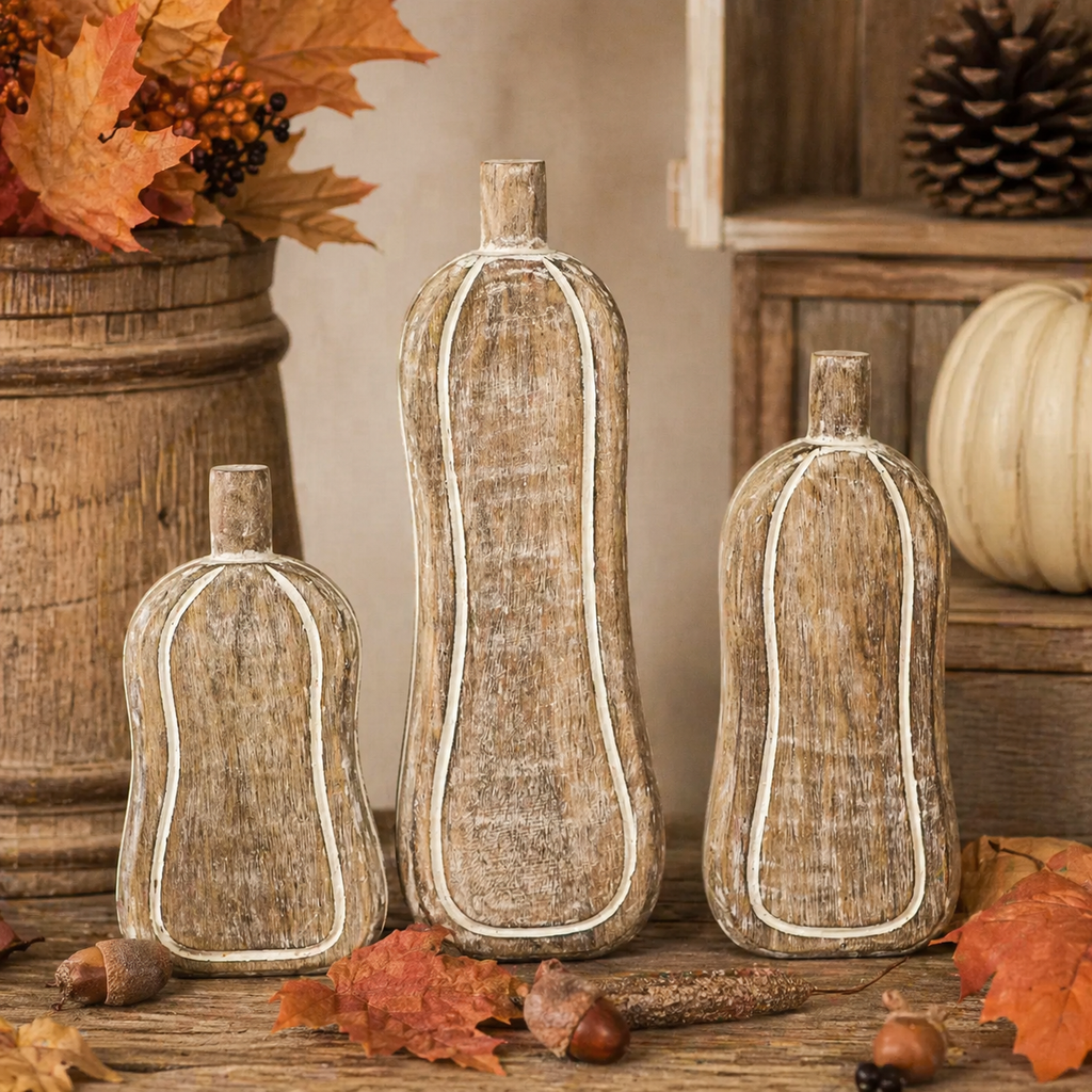 Mango Wood Pumpkin Cutout Set - Natural White (Set of 3)