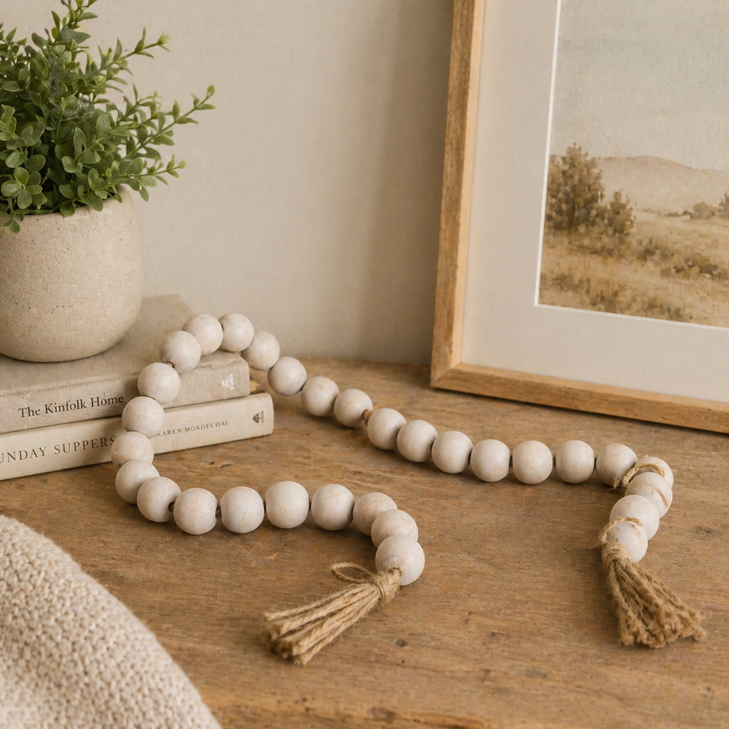 24" Wood Bead Garland with White Tassels - Natural and White
