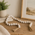 24" Wood Bead Garland with White Tassels - Natural and White