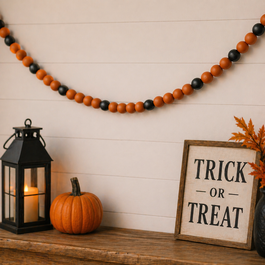 60" Wood Bead Garland - Halloween | Orange and Black