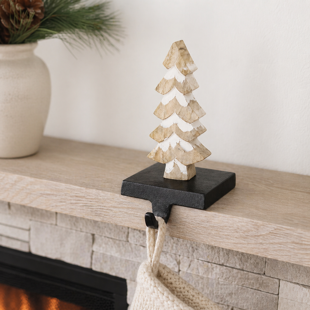 9" Mango Wood Stocking Holder - Tree | Natural