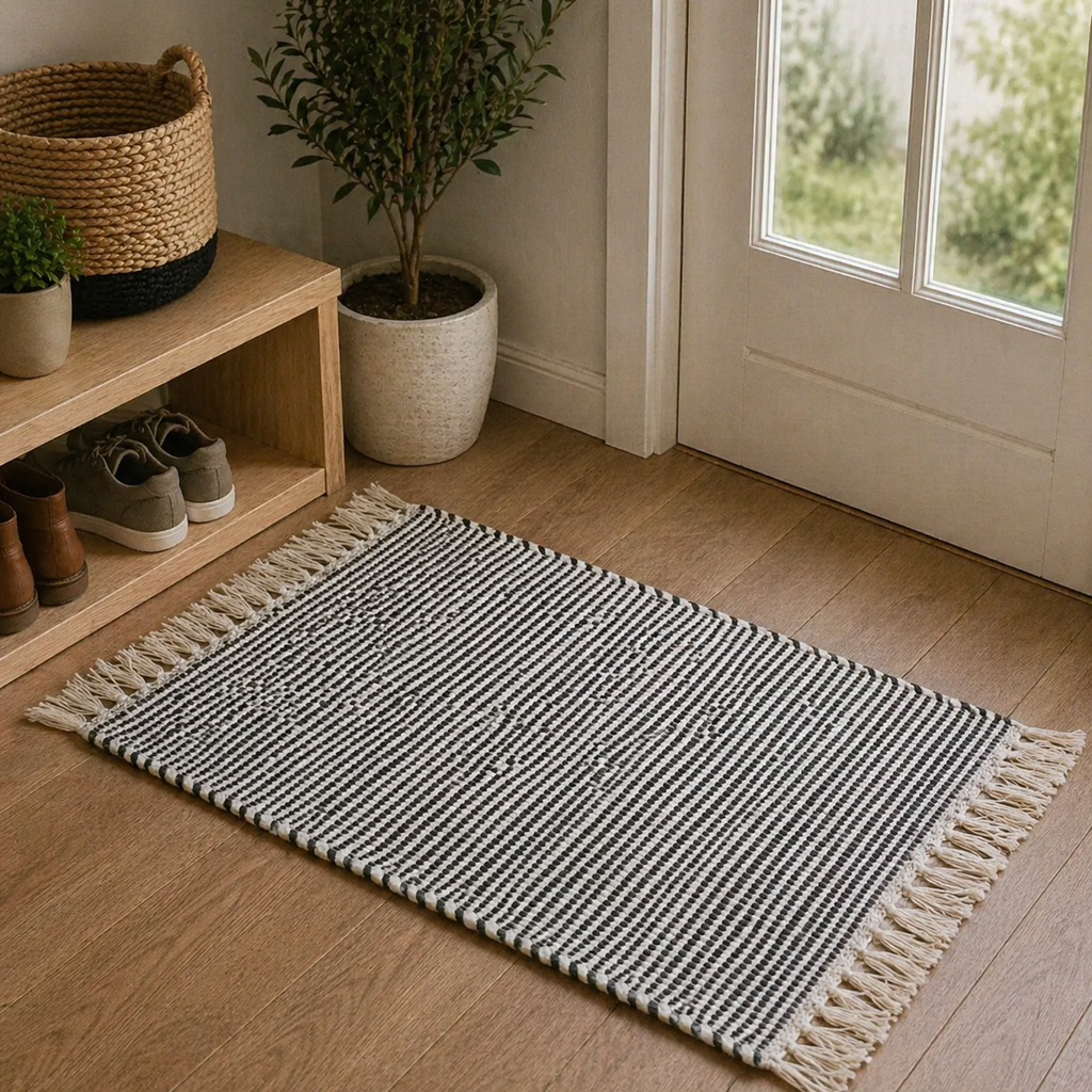 24" x 35" Handcrafted Jute Chindi Rug - Black and White