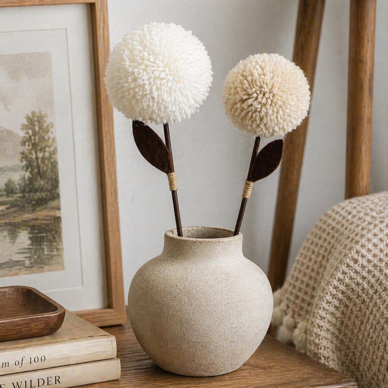 12" Pom Pom Flower Stems - Neutral Mod Collection (Set of 2)