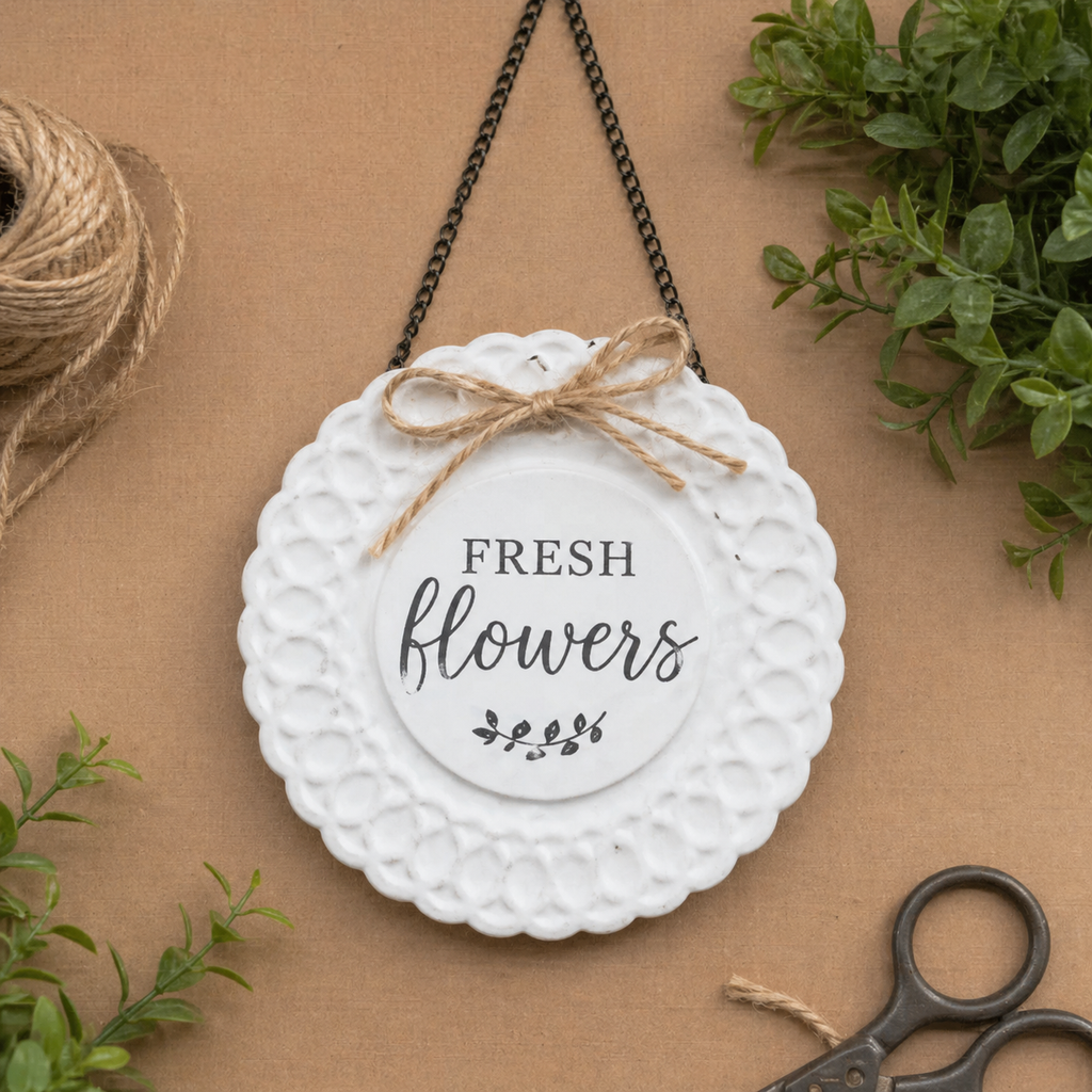 7" Metal Embossed Hanging Sign - White