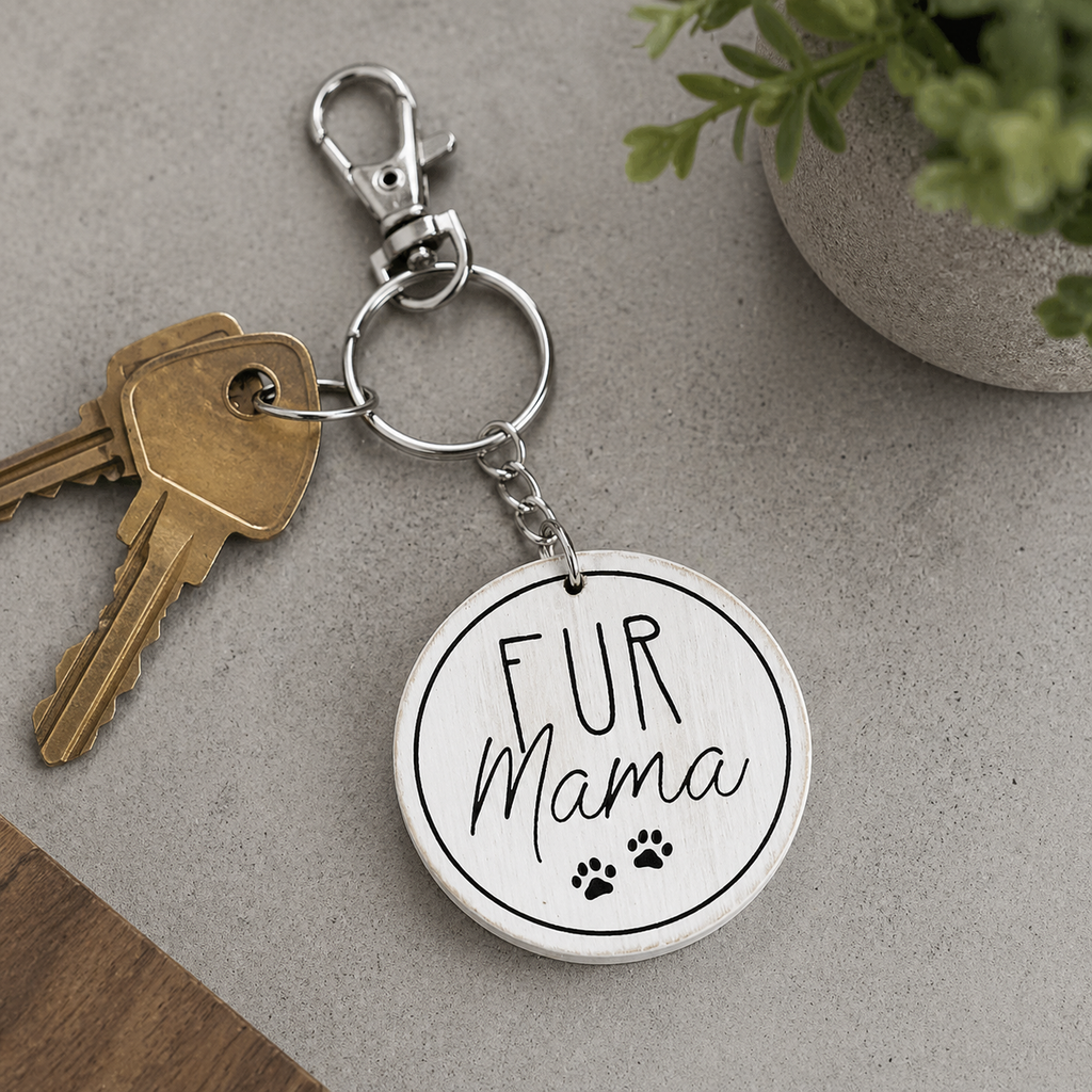 2" Reversible Wood Key Charm - Fur Mama/Paw Print | White and Black