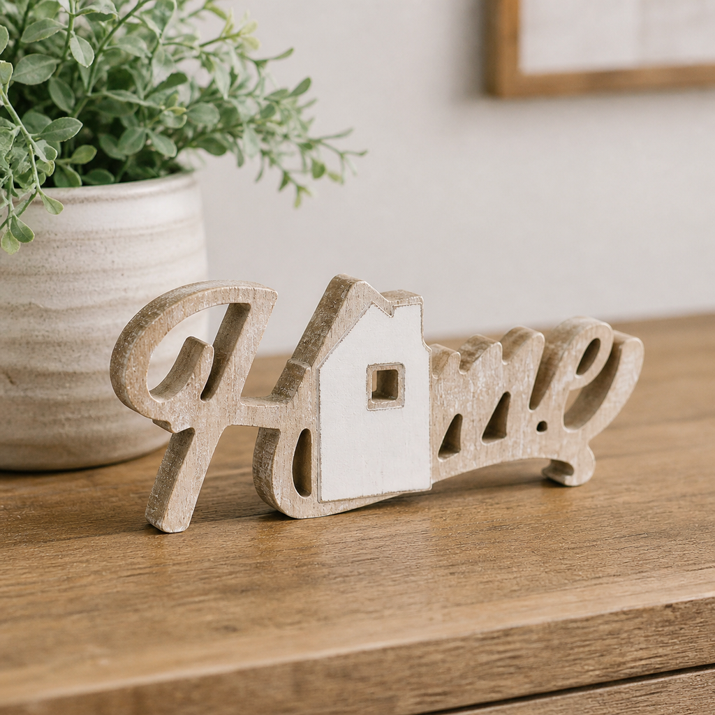 9" Wood Cutout - Home | Natural and White