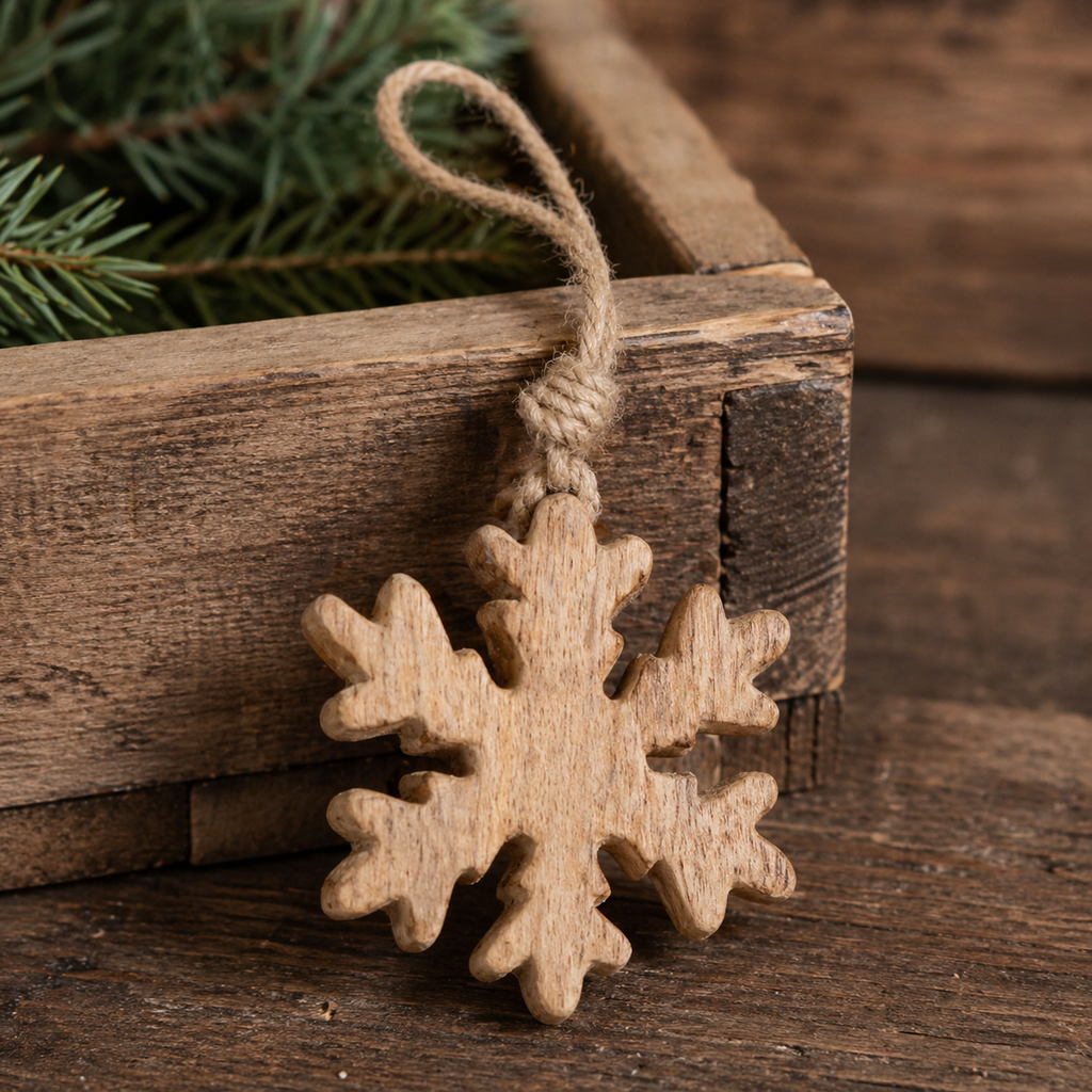 4" Mango Wood Ornament - Snowflake | Natural White