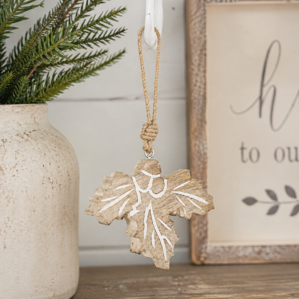 5" Mango Wood Ornament - Holly Berry | Natural and White