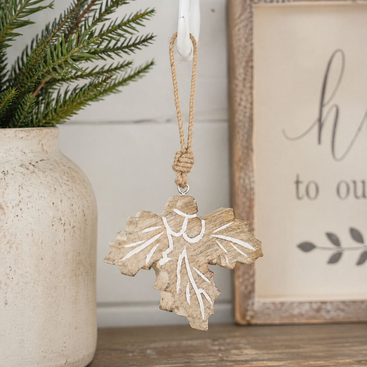 5" Mango Wood Ornament - Holly Berry | Natural and White