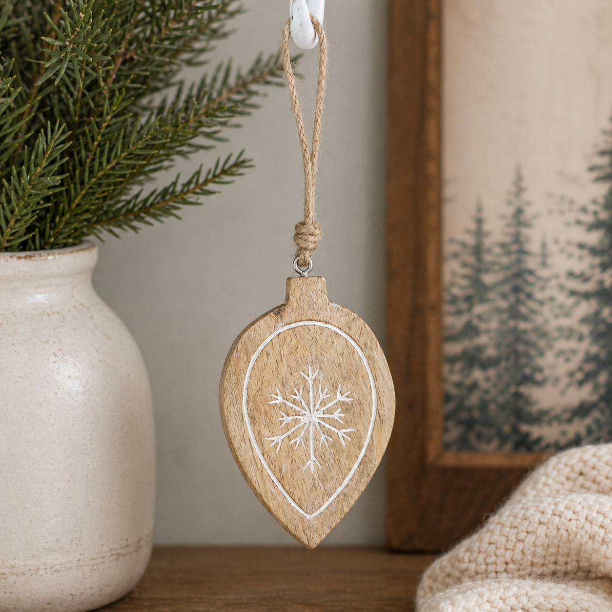 6" Mango Wood Teardrop Ornament - Natural and White