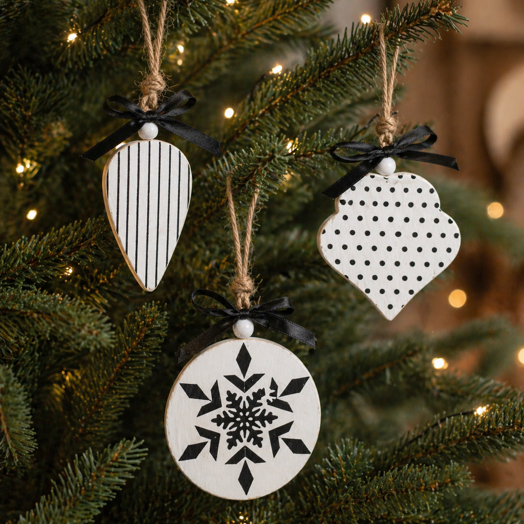 5" Wood Ornament Set - Snowflake | White and Black (Set of 3)