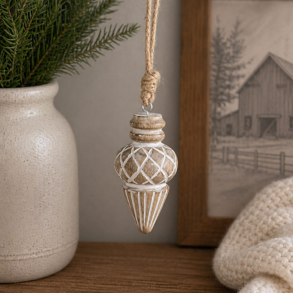 4" Mango Wood Ornament - Top | Natural White
