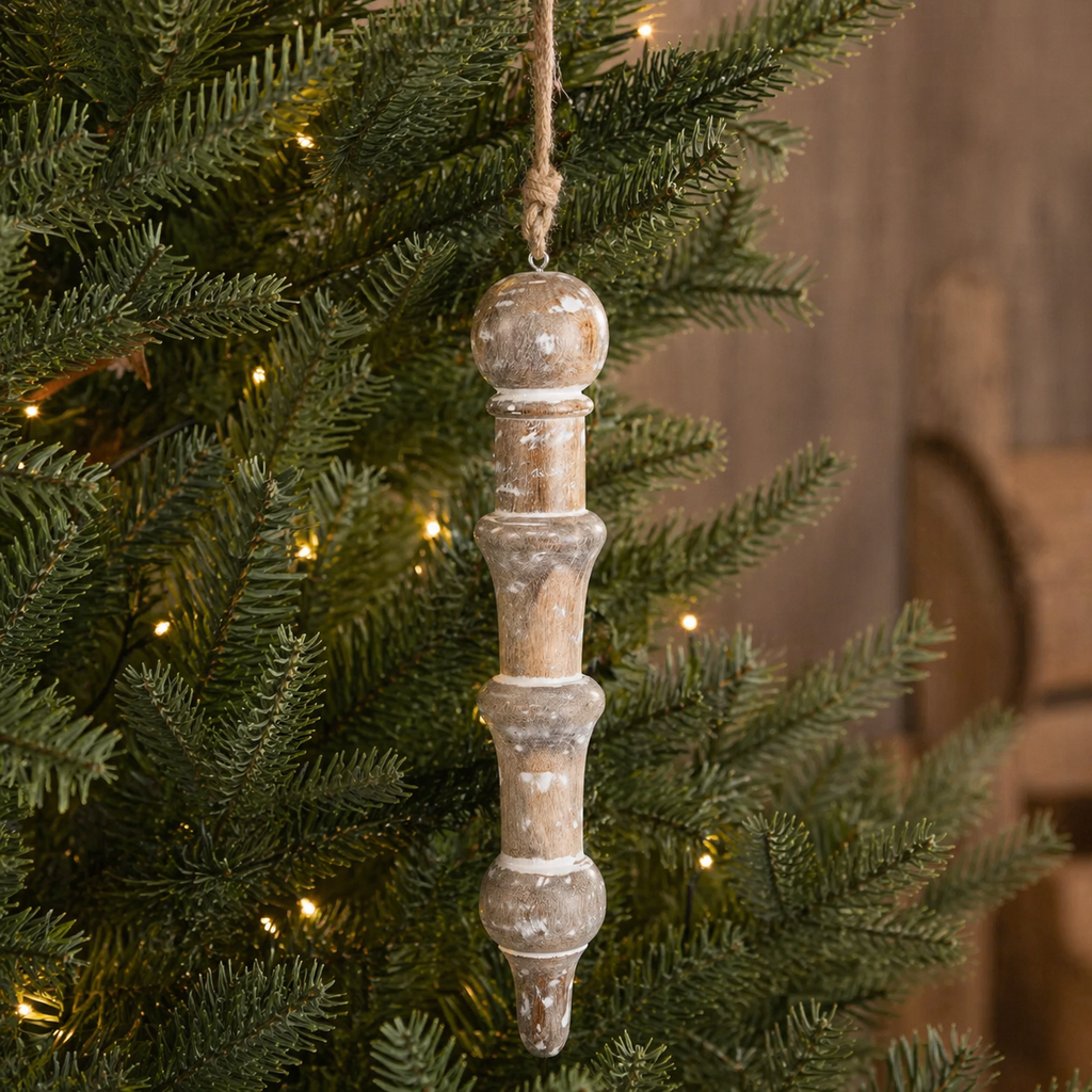14" Mango Wood Ornament - Icicle | Natural and White
