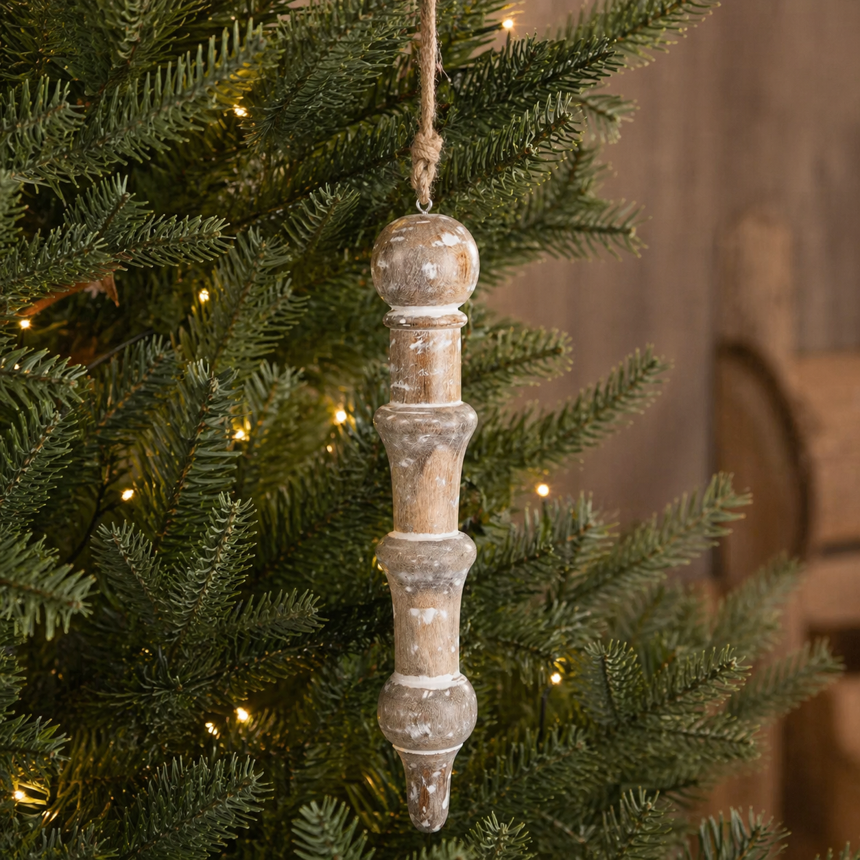 14" Mango Wood Ornament - Icicle | Natural and White