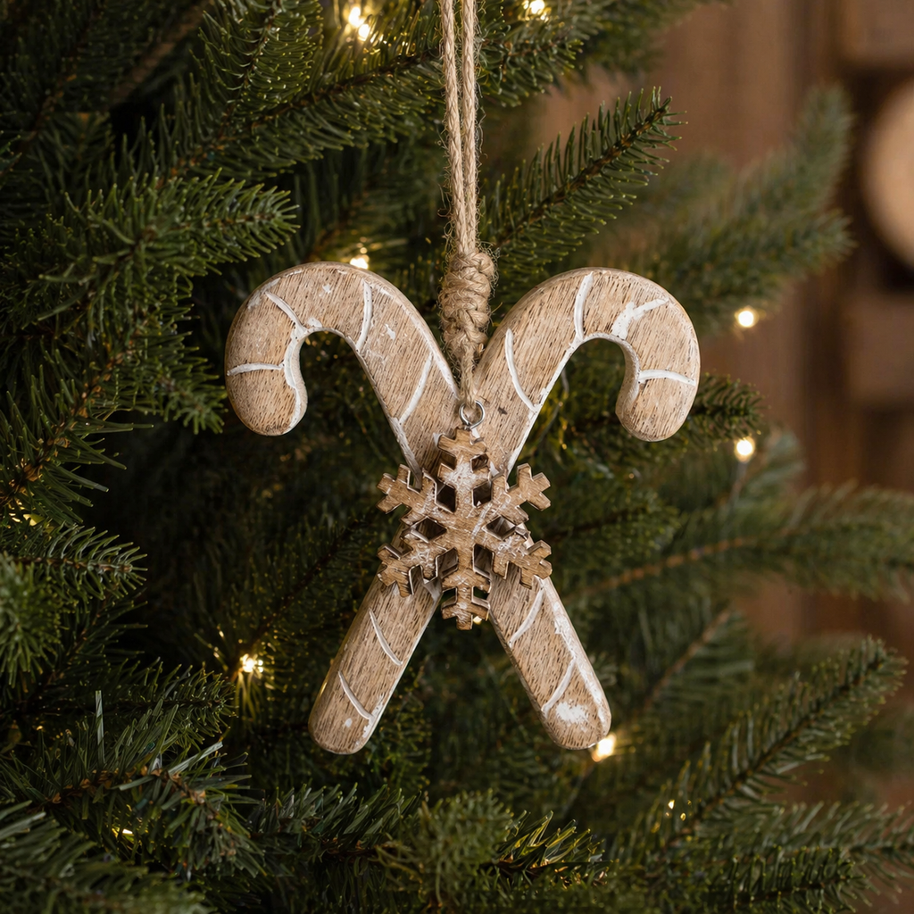6" Mango Wood Ornament - Candy Cane | Natural White