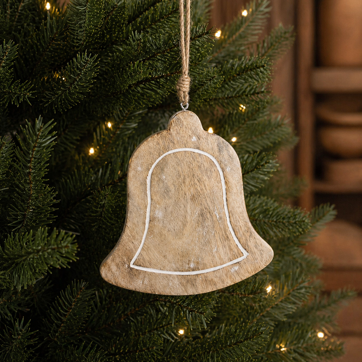 8" Mango Wood Ornament - Bell | Natural White