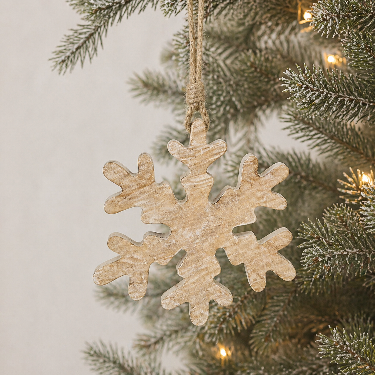 12" Mango Wood Ornament - Snowflake | Natural and White