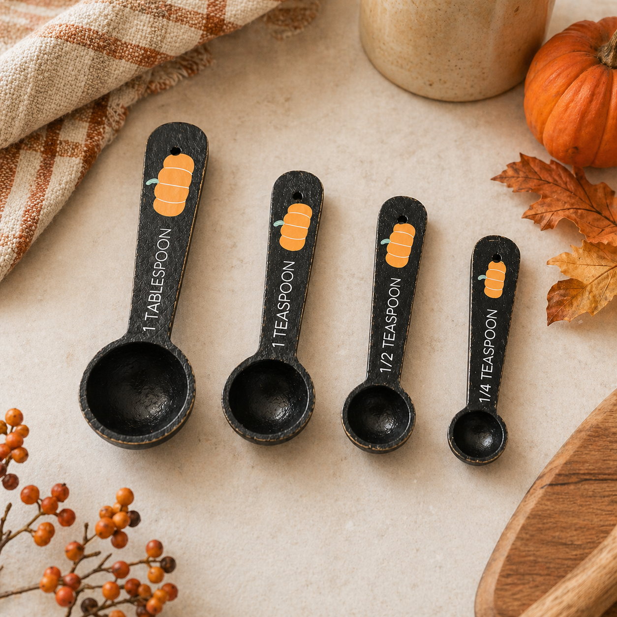 5" Decorative Wood Teaspoon Set - Black and Orange (Set of 4)
