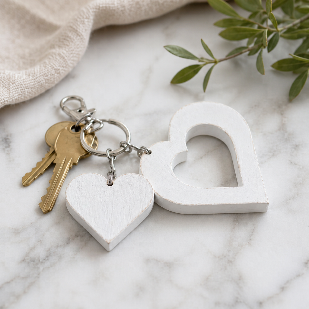3" Wood Heart Keychain - White