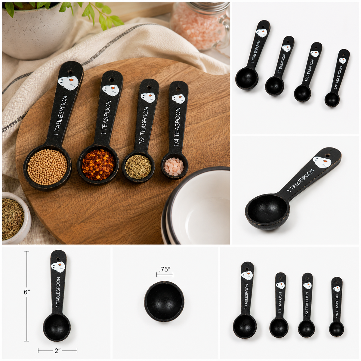 Decorative Wood Teaspoon Set - Black and White Ghost (Set of 4)