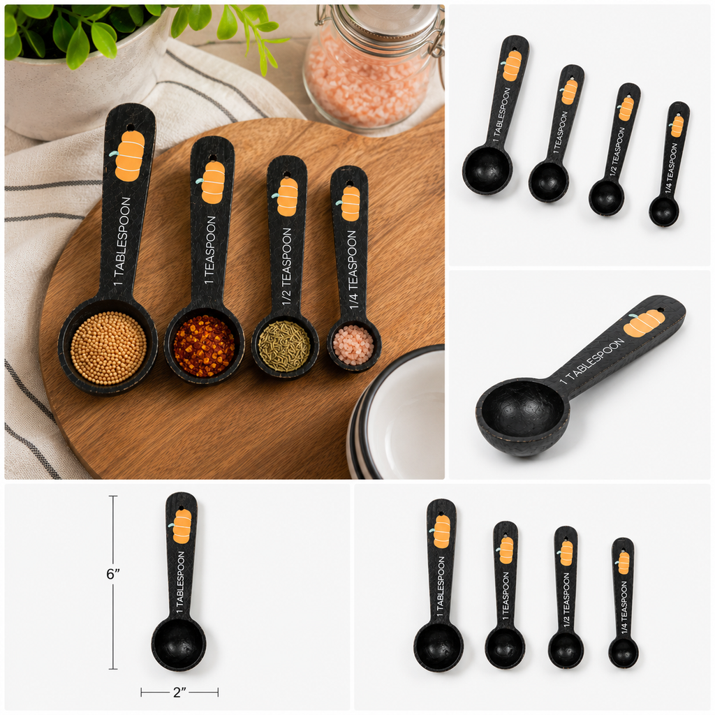 5" Decorative Wood Teaspoon Set - Black and Orange (Set of 4)