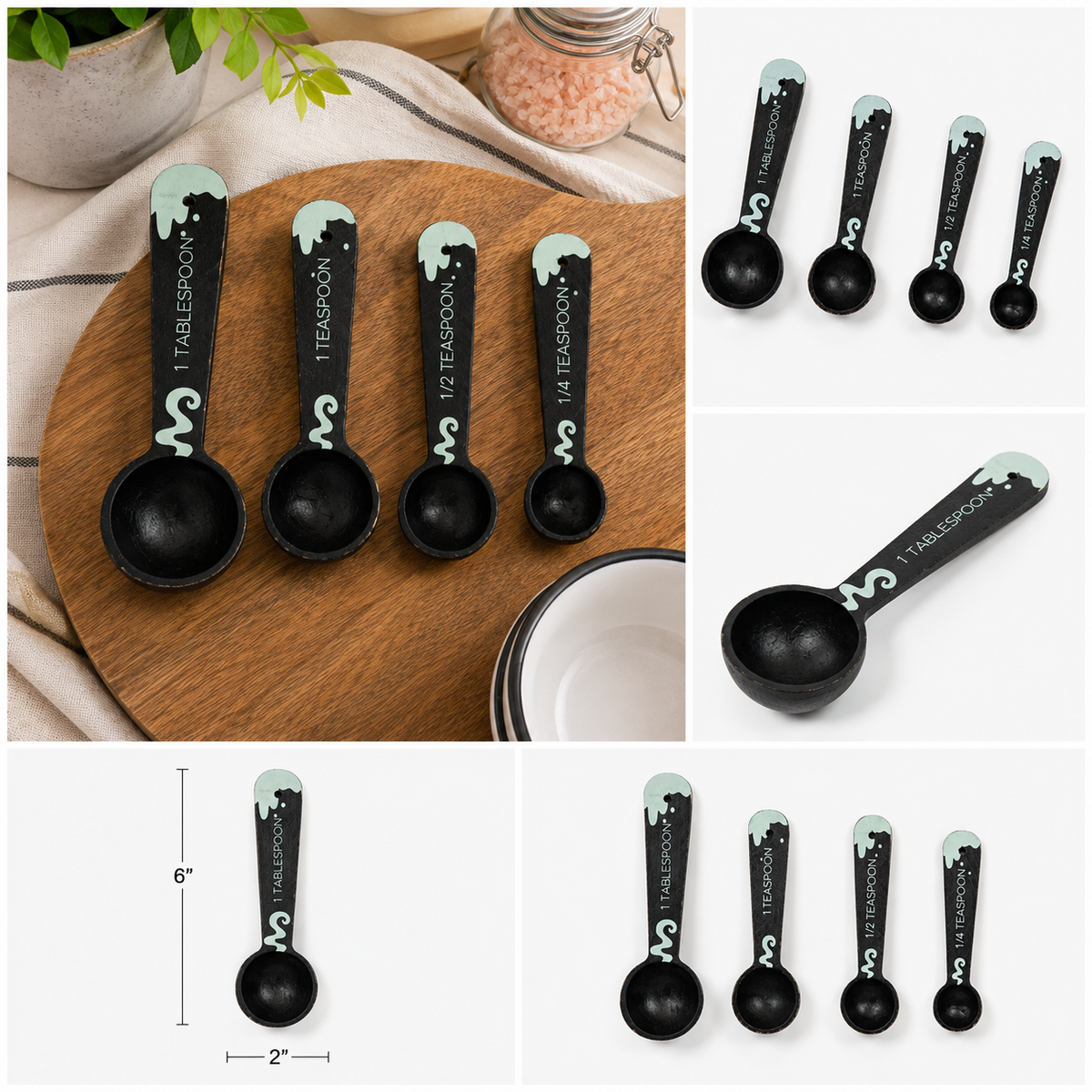 Decorative Wood Teaspoon Set - Black and Green (Set of 4)