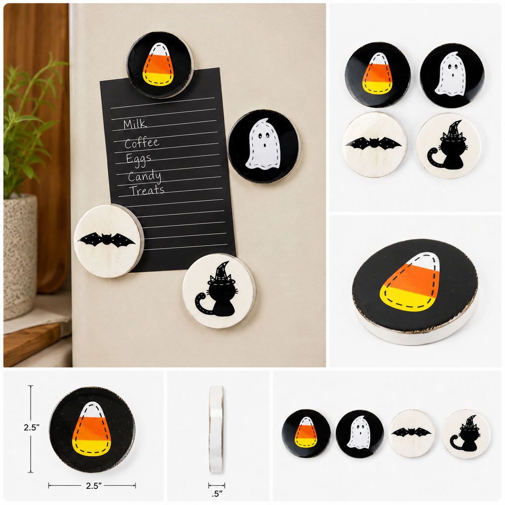 2.5" Wood Magnet Set of 4 - Ghost, Cat, Candy Corn and Bat | Multicolor