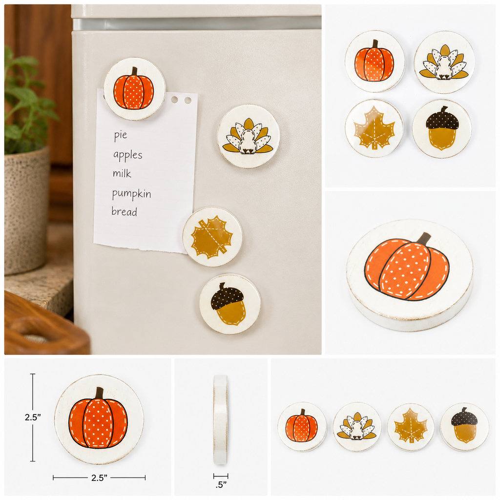2.5" Wood Magnet Set of 4 - Leaf, Acorn, Turkey and Pumpkin | Multicolor