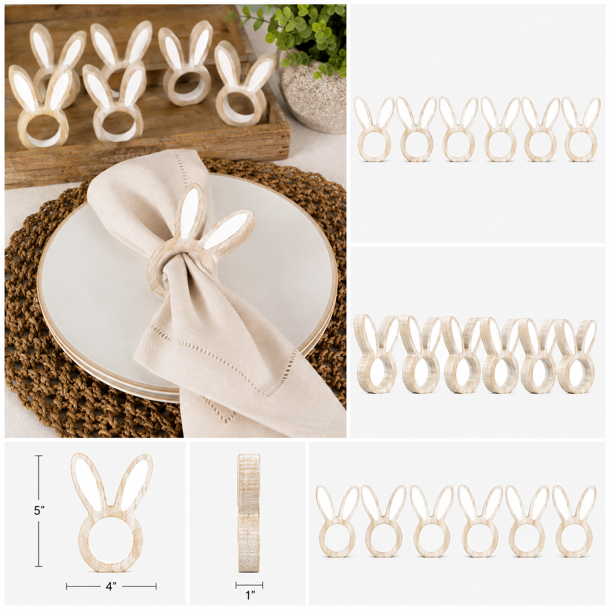 5" Wood Bunny Napkin Rings - Natural & White (Set of 6)