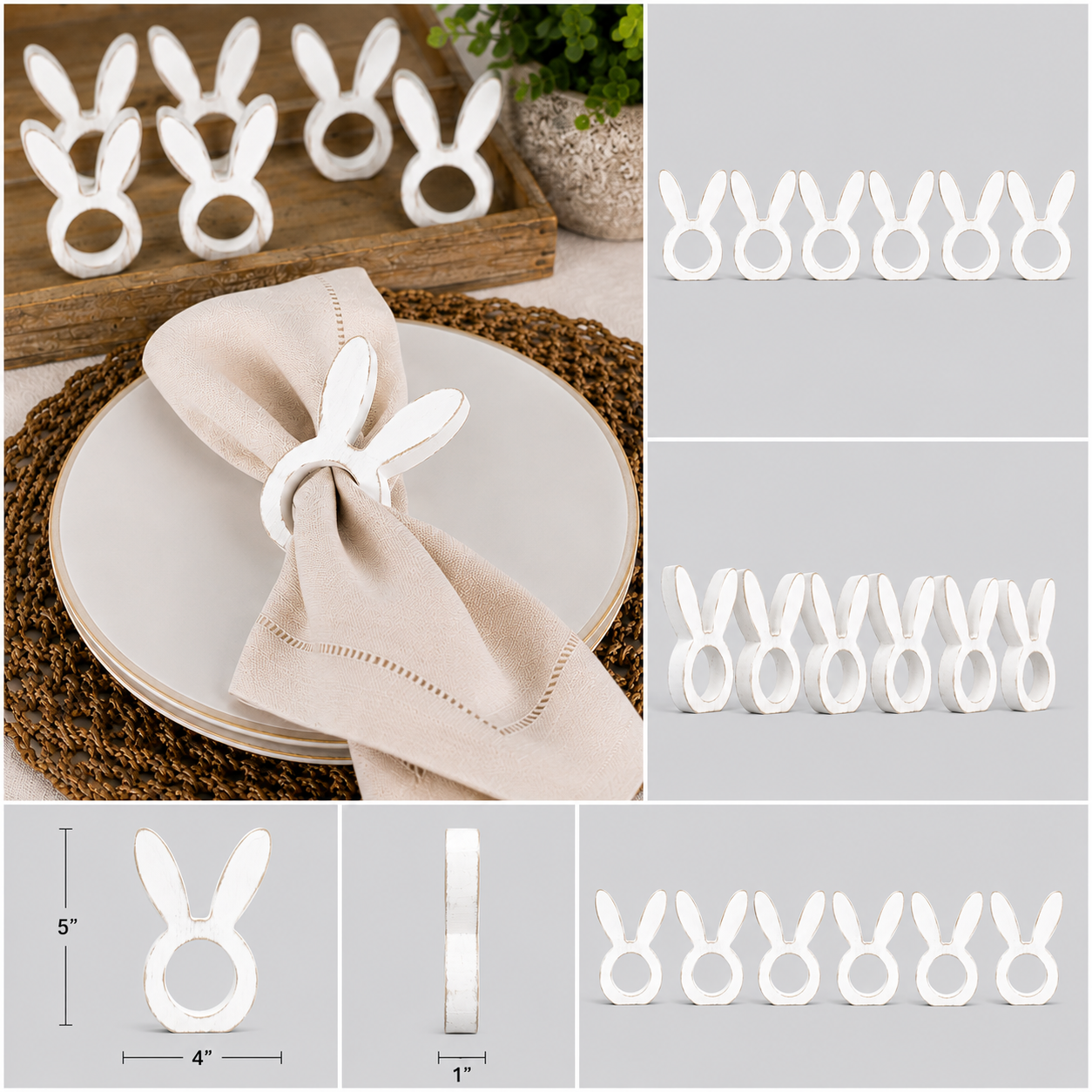5" Wood Napkin Holder - Bunny Ear | White and Gray (Set of 6)