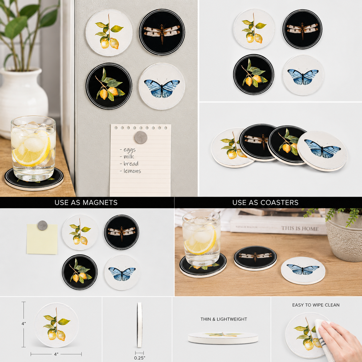 4" Round Wood Coaster & Magnet Set - Lemon & Fly (Set of 4)