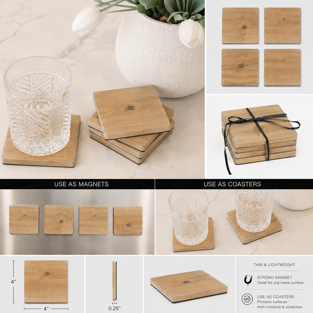4" Square Wood Coaster & Magnet Set - Brown (Set of 4)