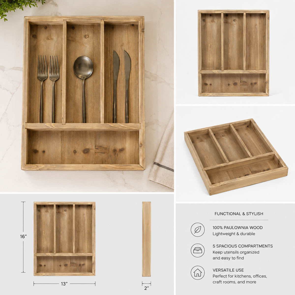 16" x 13" Wood Utensil Organizer Tray - Natural