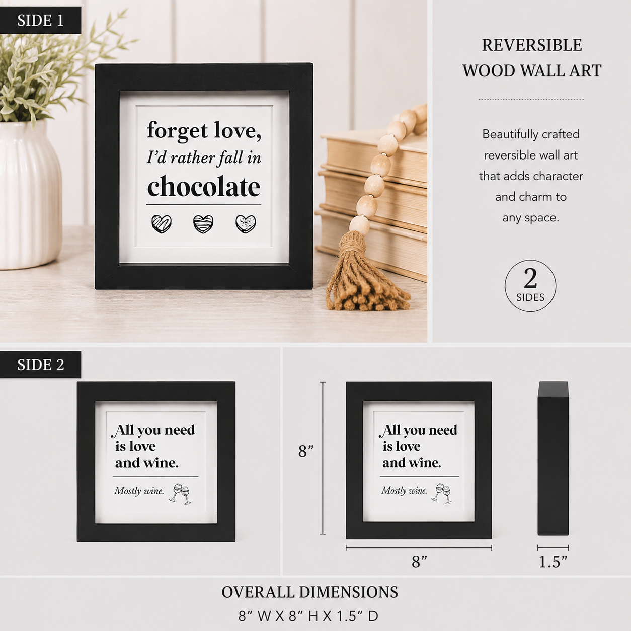 8" Reversible Wood Framed Sign - Love and Wine/Chocolate | White and Black