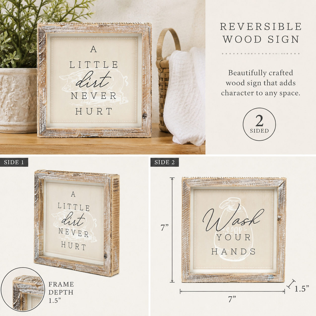 7" Reversible Wood Framed Sign - Dirt/Wash | Multicolor