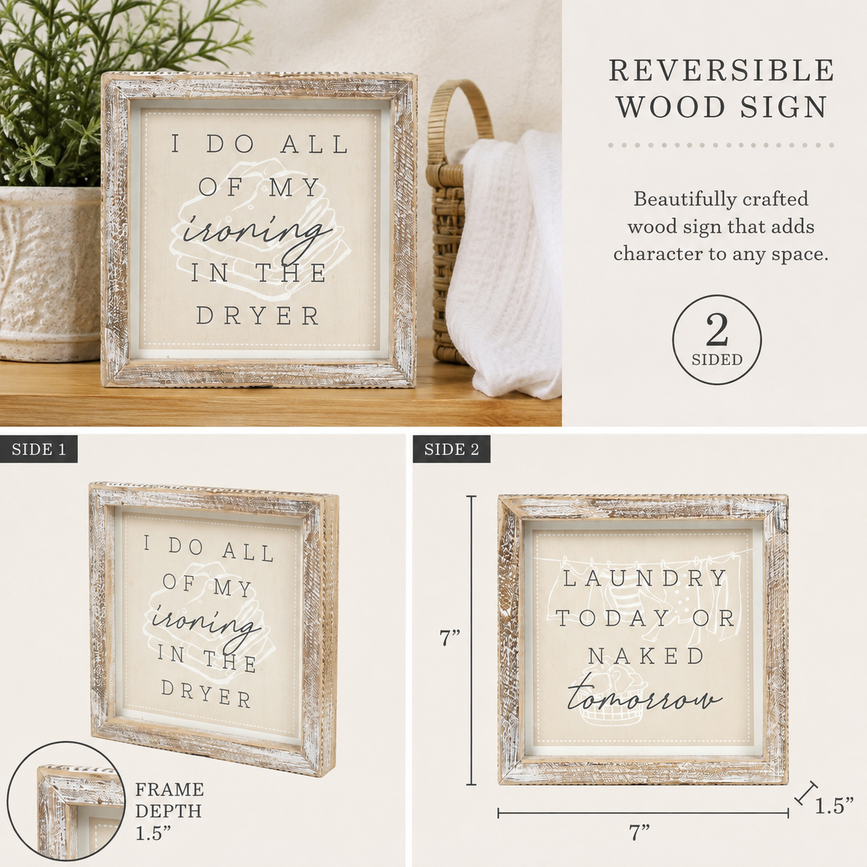 7" Reversible Wood Framed Sign - Ironing/Laundry