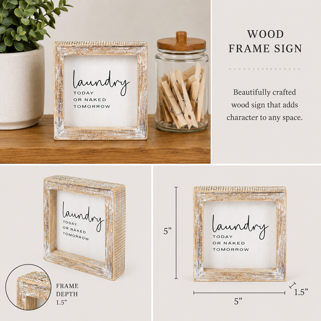 5" Wood Framed Sign - Laundry | White and Black