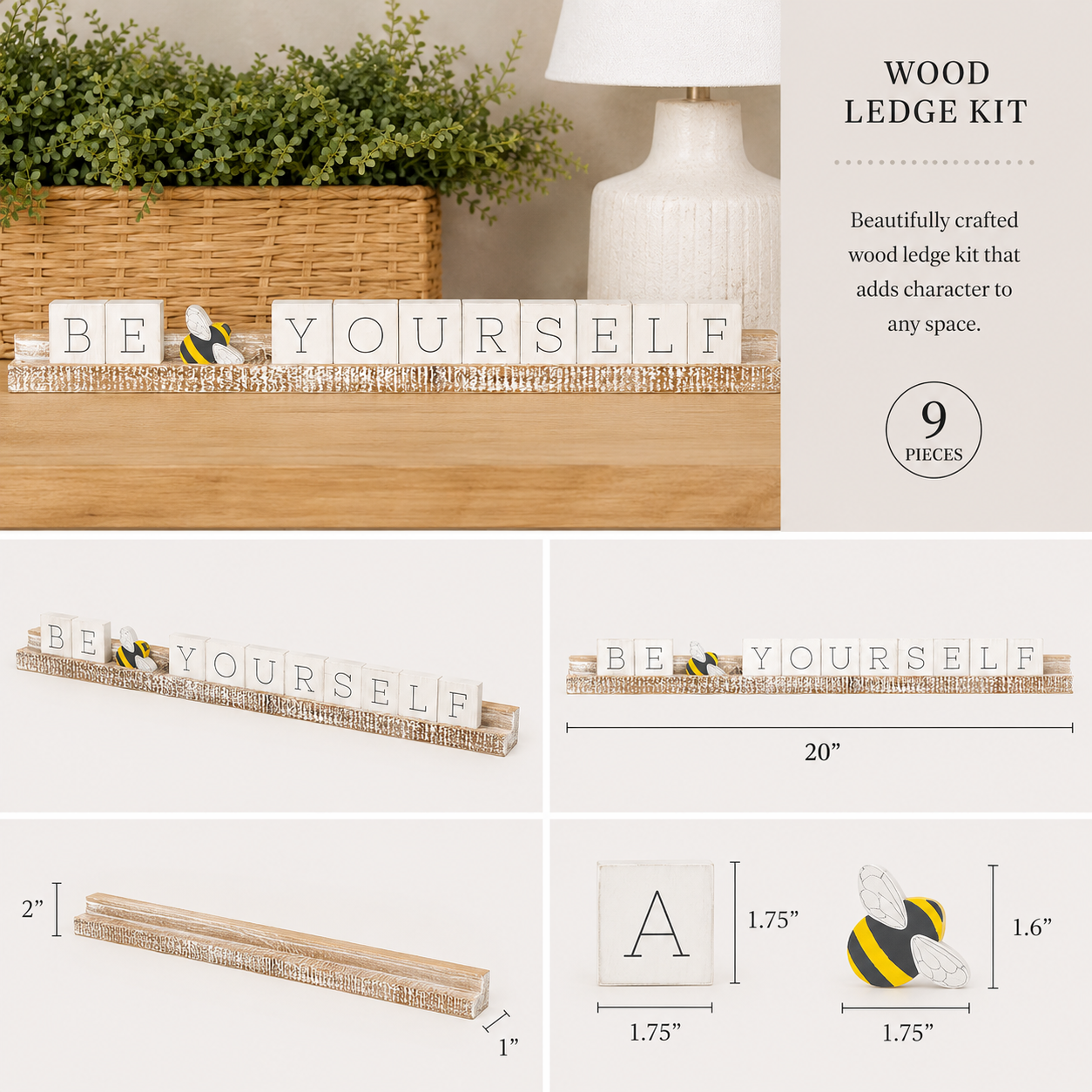 20" Wood Ledge Sign - Be Yourself | White, Gray and Yellow