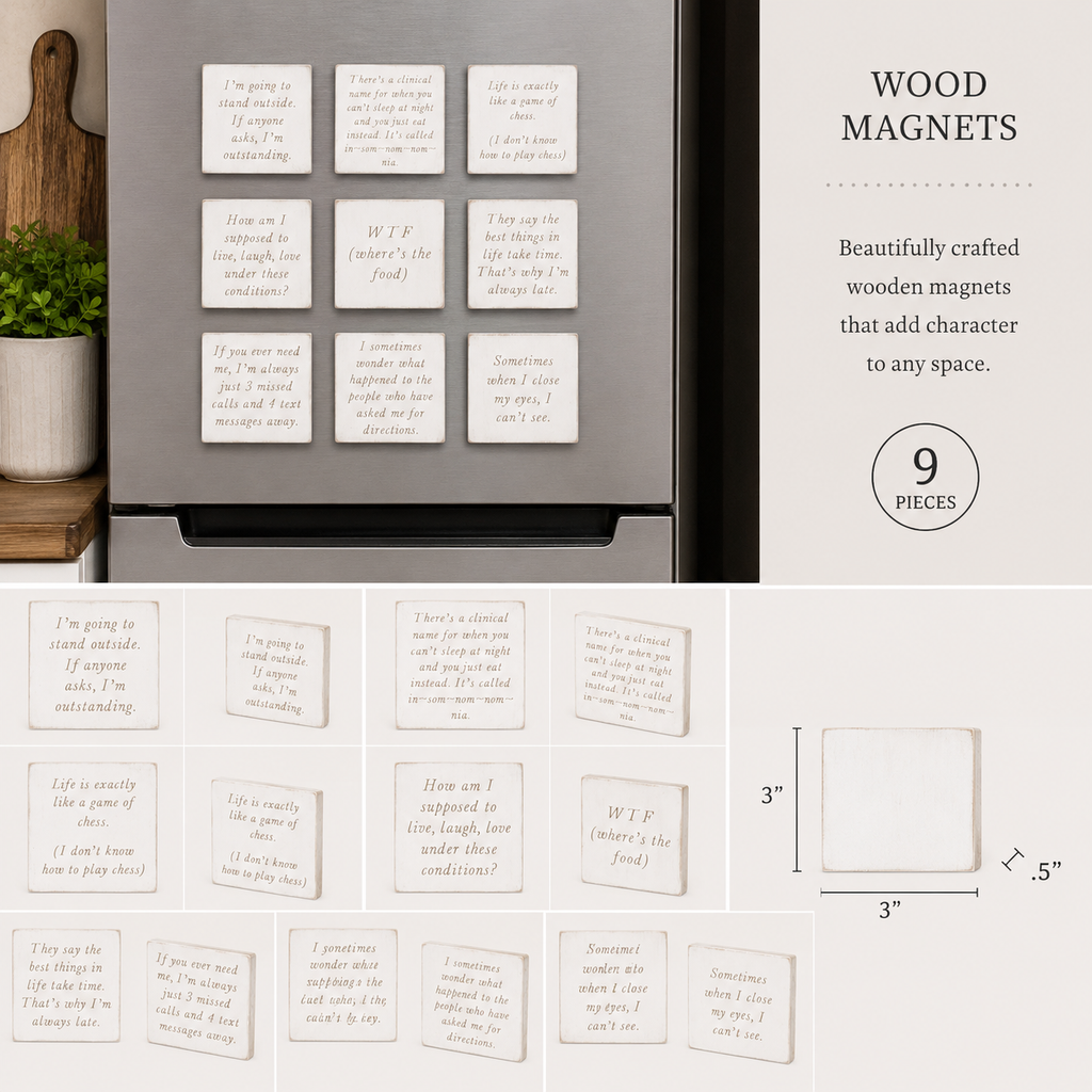 3" Funny Wood Magnets - Set of 9 | White and Black