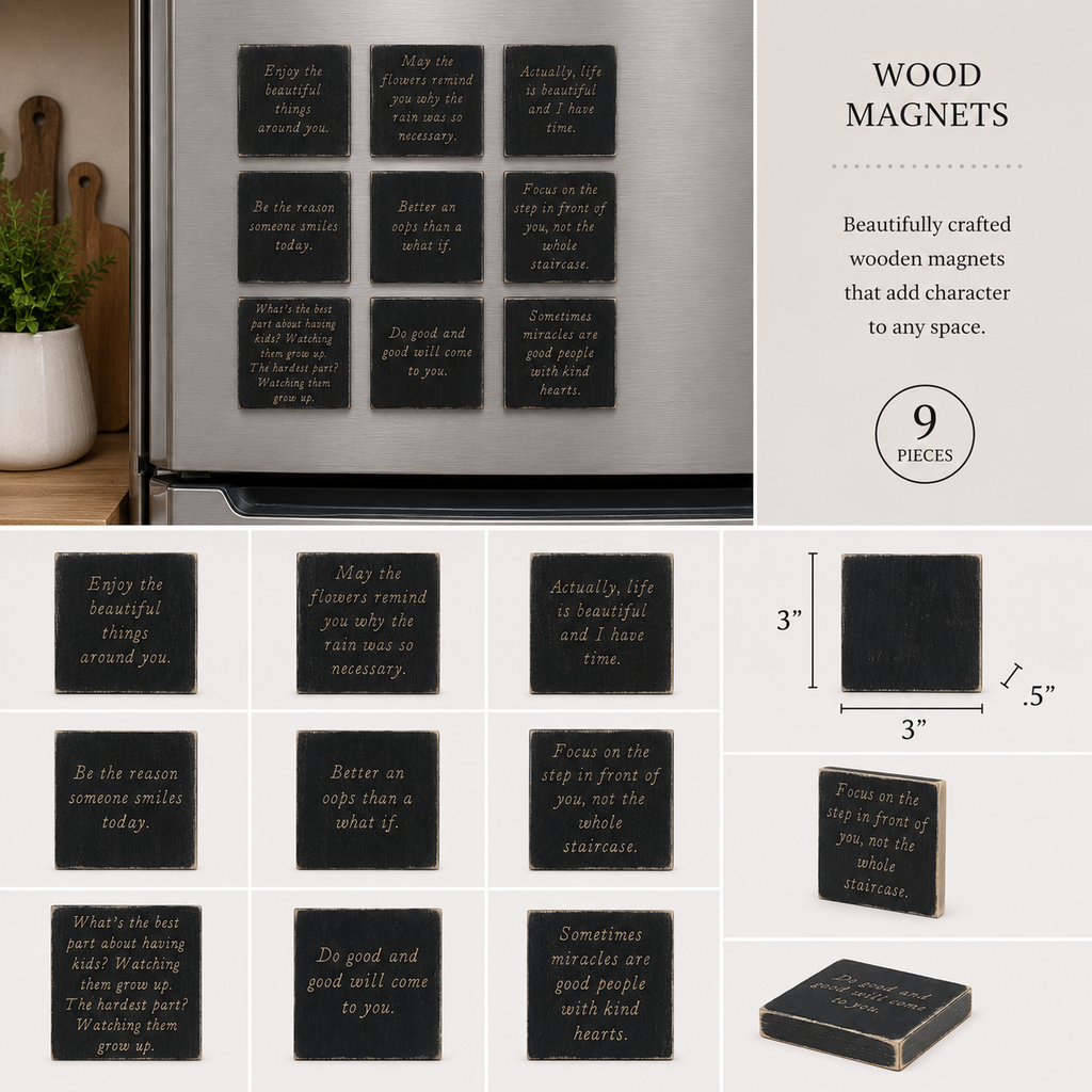 3" Wood Inspirational Magnets - Black and White (Set of 9)