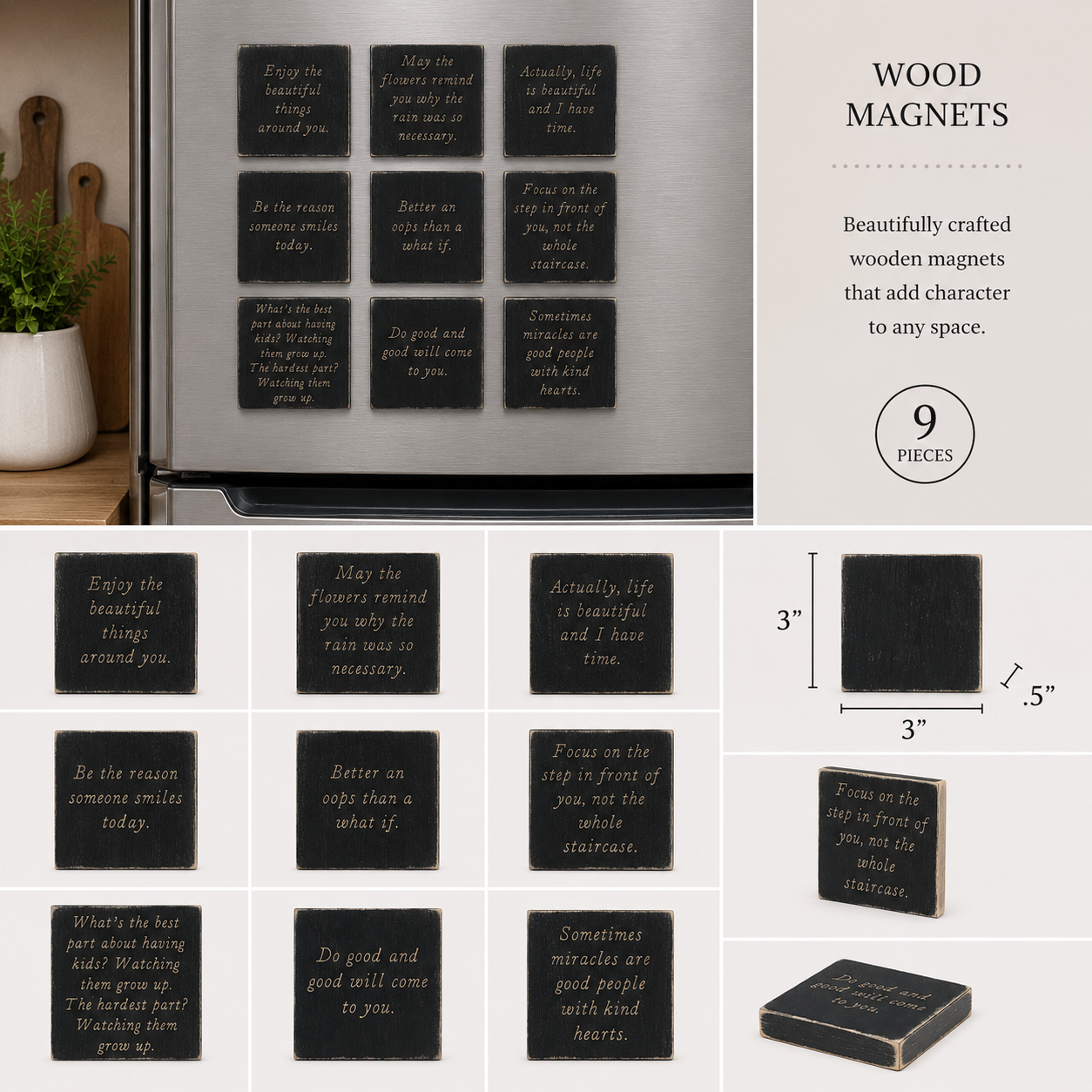 3" Wood Inspirational Magnets - Black and White (Set of 9)
