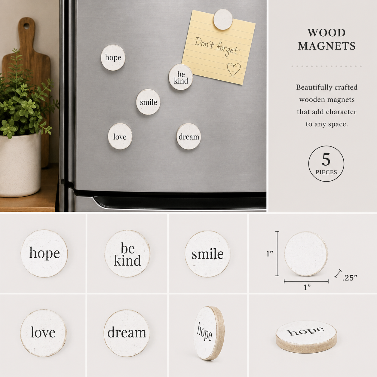 1" Round Wood Magnets - Inspirational Set | Black and White (Set of 5)