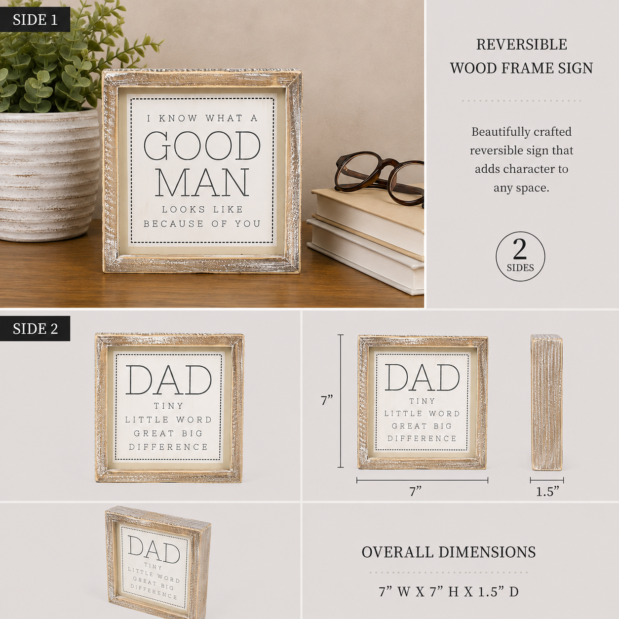 7" Reversible Wood Framed Sign - Good Man and Dad | White, Grey and Tan