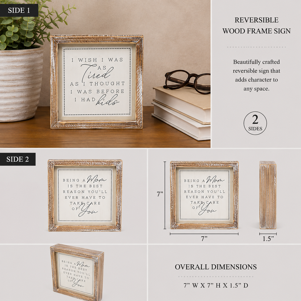 7" Reversible Wood Framed Sign - Tired and Care | White, Grey and Tan
