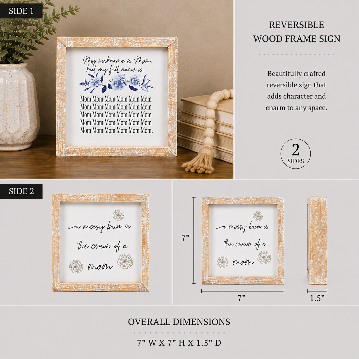 7" Reversible Wood Framed Sign - Mom/Crown | Multicolor