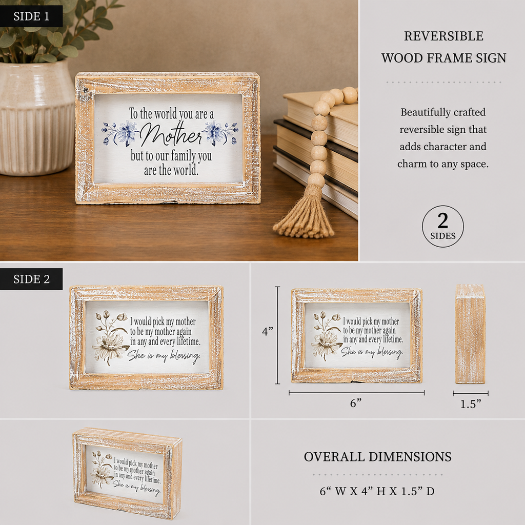 6" x 4" Reversible Wood Framed Sign - World/Blessing | Multicolor