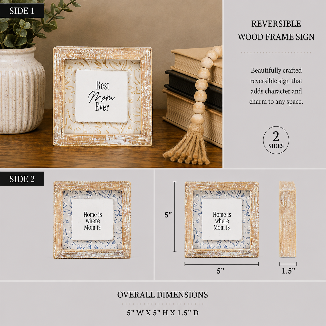 5" Reversible Wood Framed Sign - Home/Mom